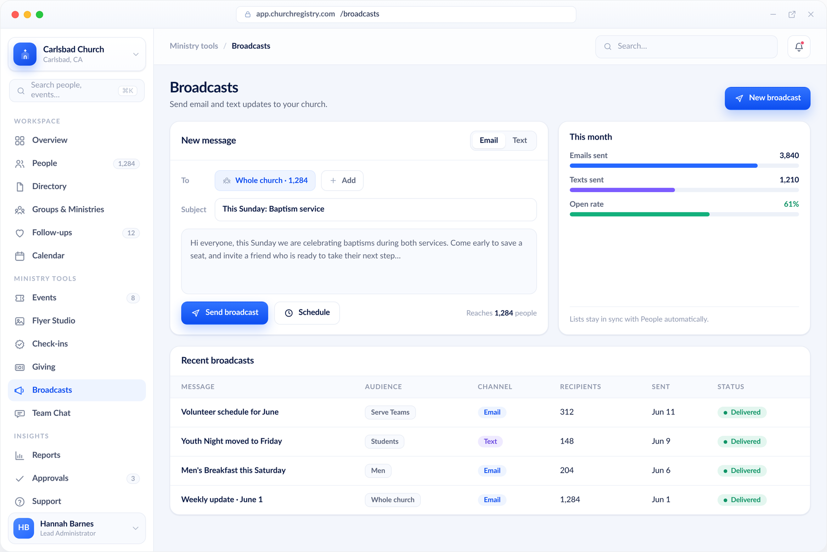 Broadcasts in Church Registry