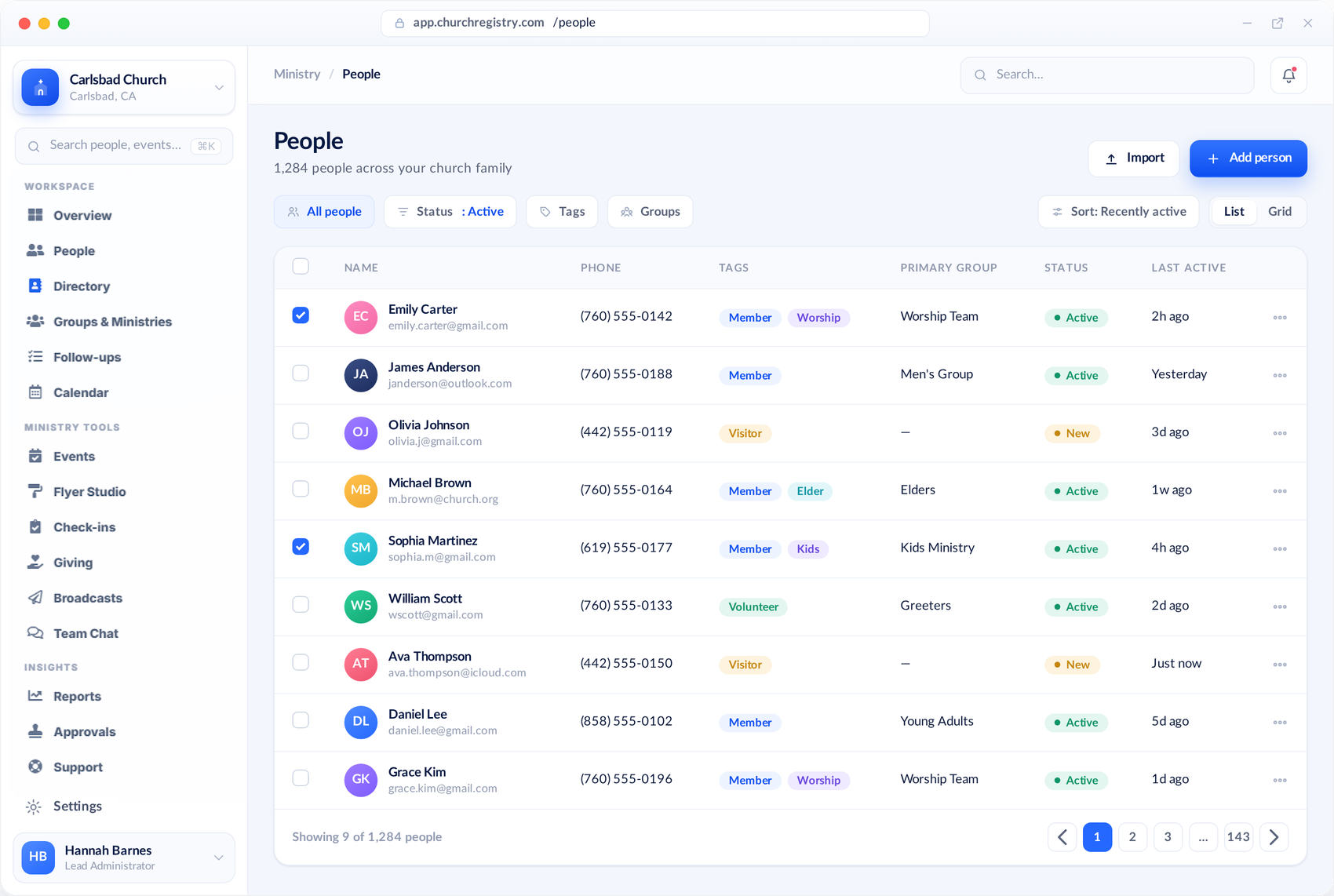 Church Registry People directory listing members, groups, and status